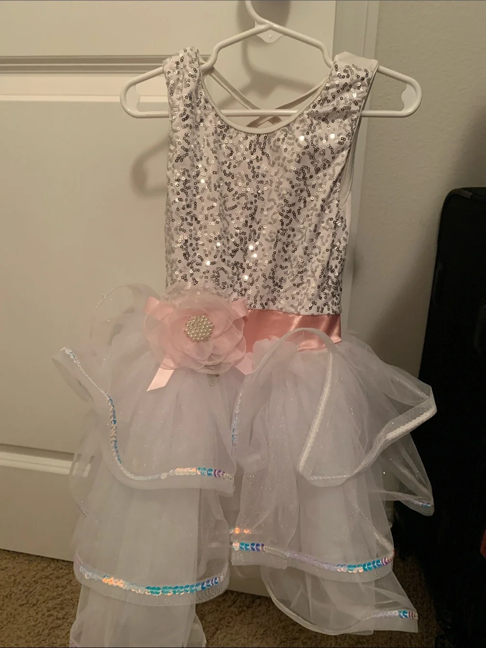 Sequin Bodice White & Pink Sash Kids Dance Costume